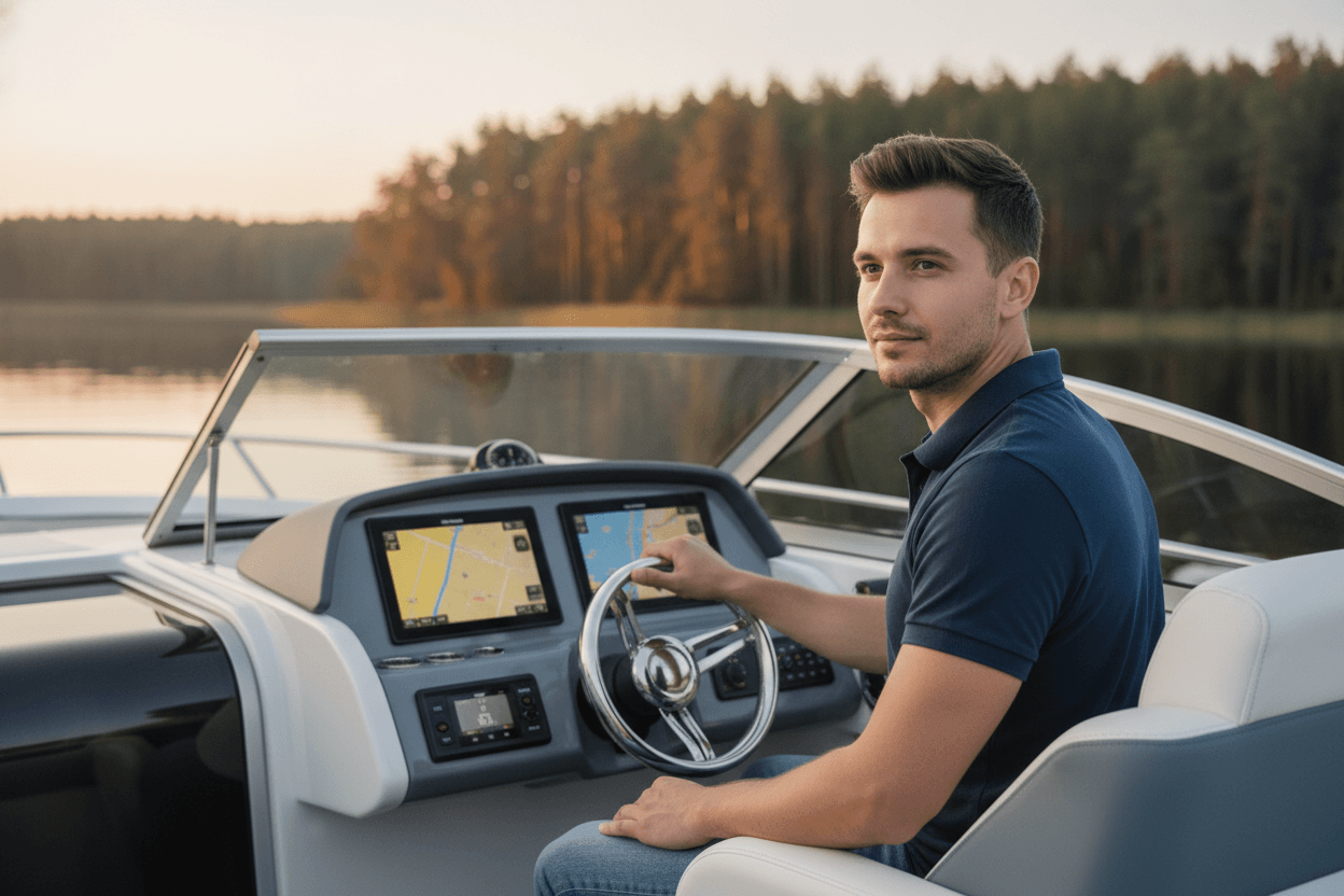 Kapitan Vento Marine za sterem łodzi motorowej